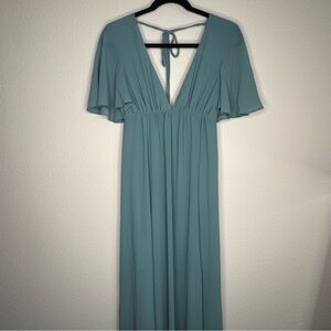 Show Me Your MuMu Teal Plunge Neck Flutter Sleeve Maxi Bridesmaid Dress